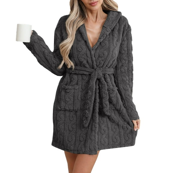 Women's Solid Color Long Sleeve Plush Bathrobe - Winter Warm Homewear, Black, L