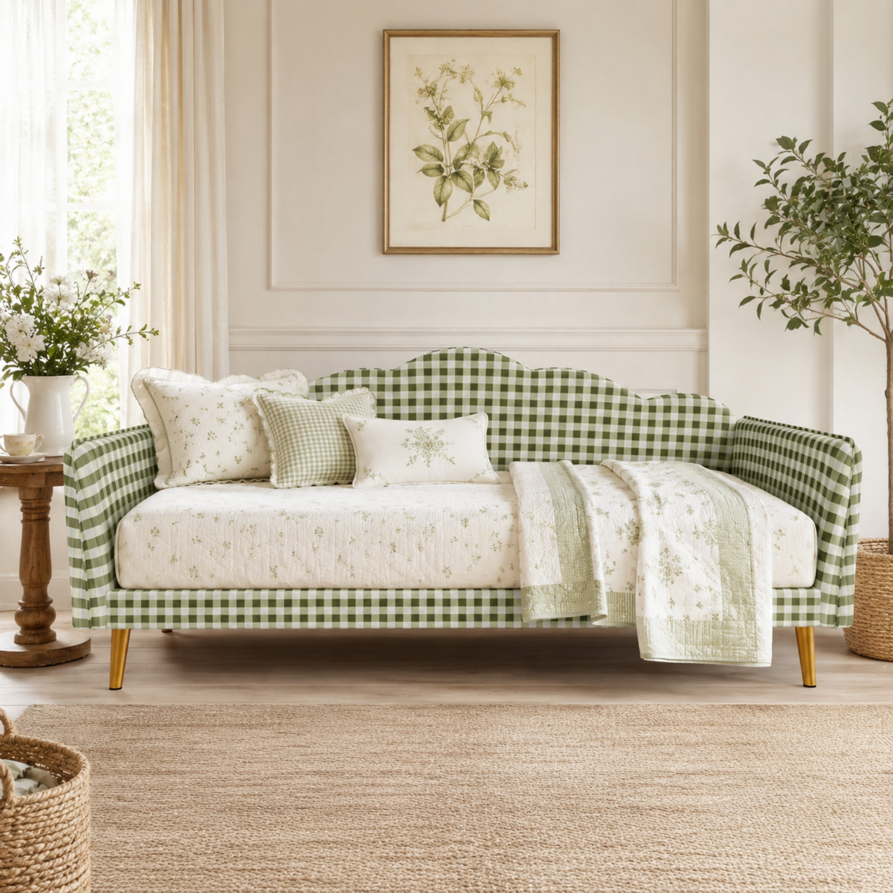 Euroco Upholstery Twin Size Daybed, Wood Sofa Platform Bed with Gingham Design and Metal Legs, No Box Spring Needed, Green