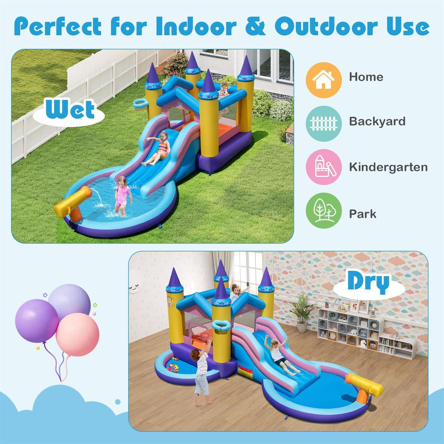 Spaco 6-In-1 Kids Inflatable Water Park, Jumping Area, Slide, Water Cannon, Princess Castle Design, No Blower, Multicolor