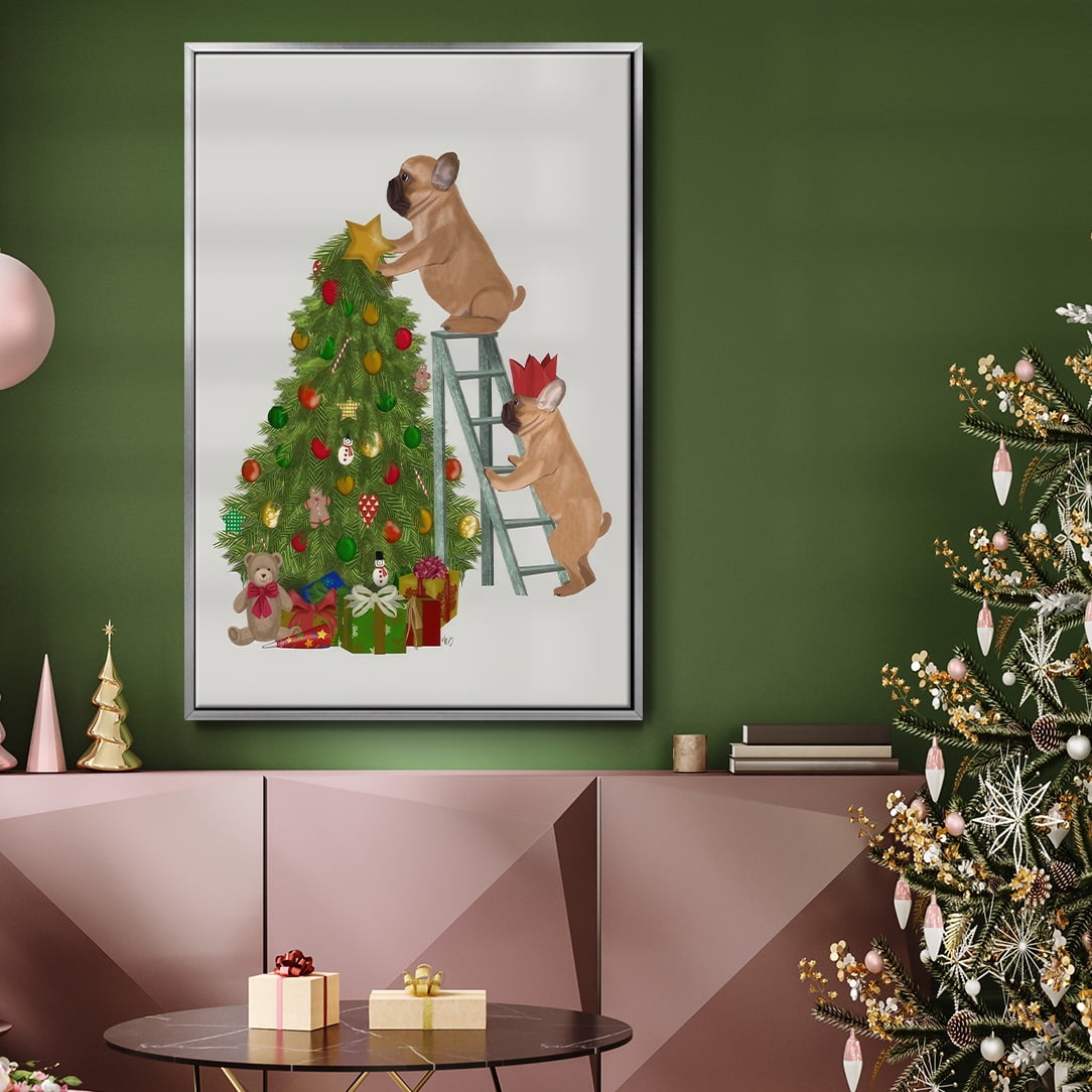 Christmas French Bulldog Tree Ladder - Framed Gallery Wrapped Holiday Canvas - 27 x 41 - Silver Frame