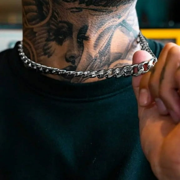 MEN CUBAN LINK CHAIN NECKLACE THICK CURB CHOKER TRENDY 14K White Gold JEWELRY CHUNKY LAYERING STATEMENT NECKLACES 7 MM