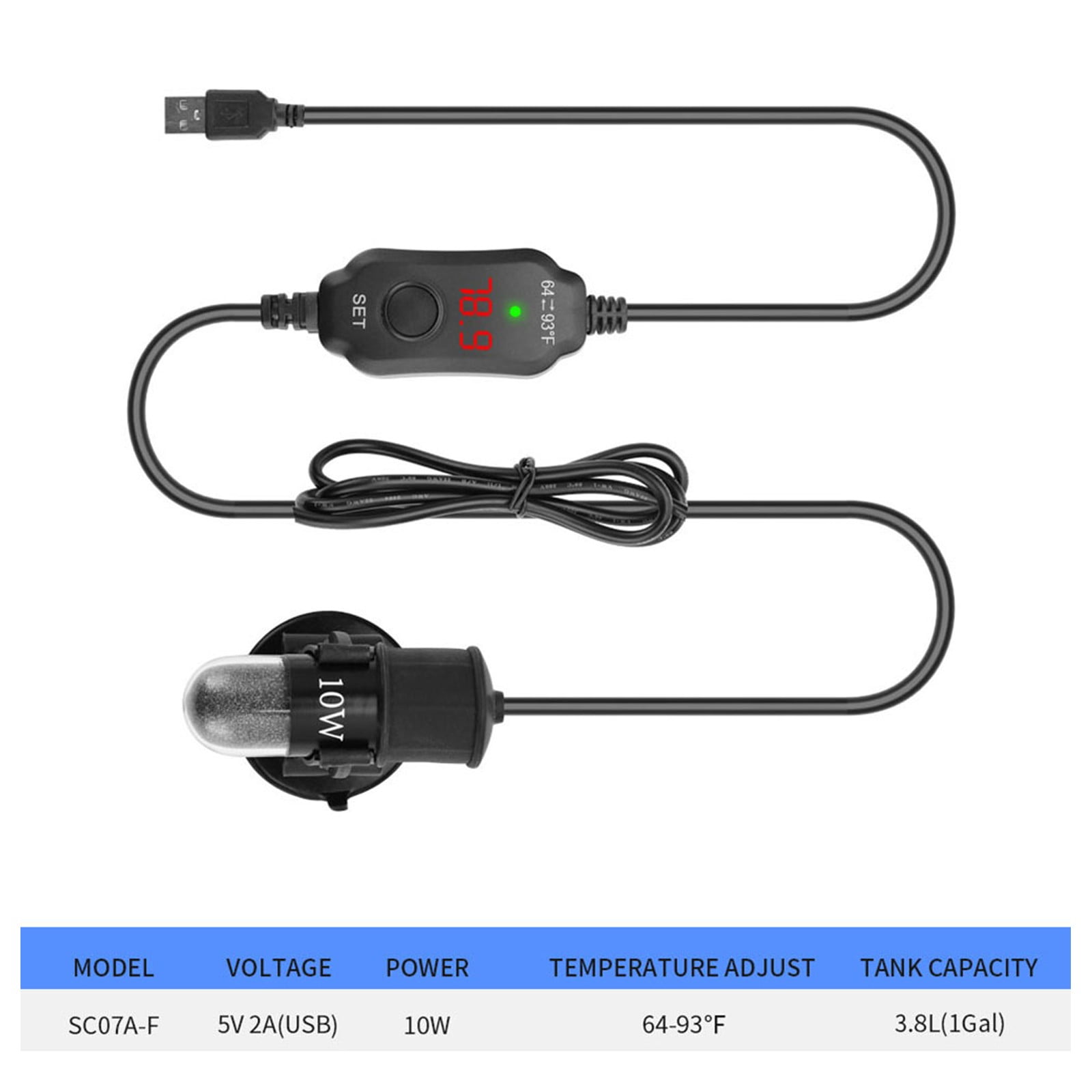 Zyllora Mini Aquarium Heater USB Adjustable 18-34°C Submersible Thermostat for 2L Fish Tank Turtle Bowl 10W Safe Quartz Rod