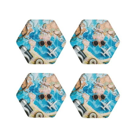 

Fuzoiu Vintage Map Travel Essentials Print Leather Coasters Set Drink Coasters Set of 4 for Tabletop Protection Durable PVC Coasters Home Décor and Housewarming Gift-Hexagon