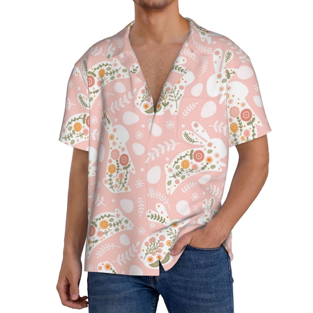 Fotbe Easter Bunny Camisa Estampada de Manga Corta para Hombre, Casual de Verano, Estilo Playero, Sin Arrugas-XX-Large