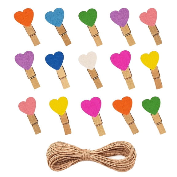 80 Pcs Colorful Heart Wooden Clothespins with 65ft Jute Twine - Mini Decorative Craft Clips for Photo Hanging, Home Decor, School & Party Favors