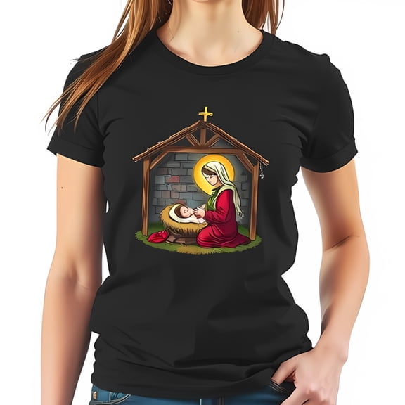 Vibrant Nativity Scene Cotton Short Sleeve T-Shirt - Design Christmas Love & Faith