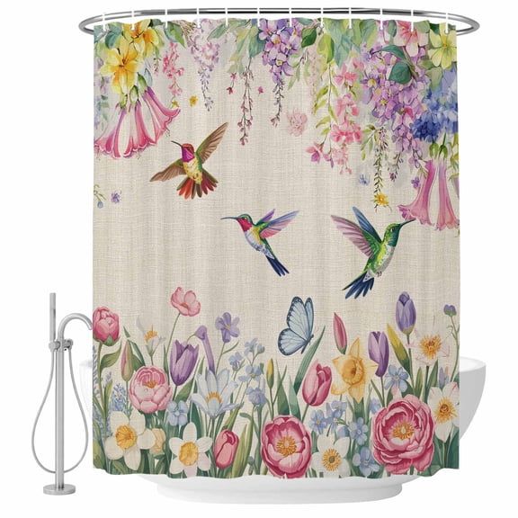 Watercolor Flowers Shower Curtain Set - 72" x 78" Washable Bathtub Curtain with 12 Hooks, Spring Hummingbird Butterflly Floral Beige Waterproof Fabric Stall Shower Curtains for Bathroom Décor