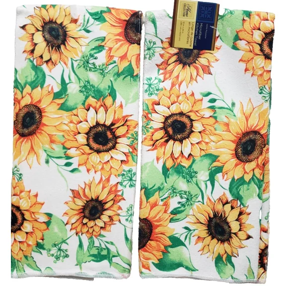 Set Of 2 Same Printed Microfiber Kitchen Towels (15"X25") Sunflowers # 2, Gr
