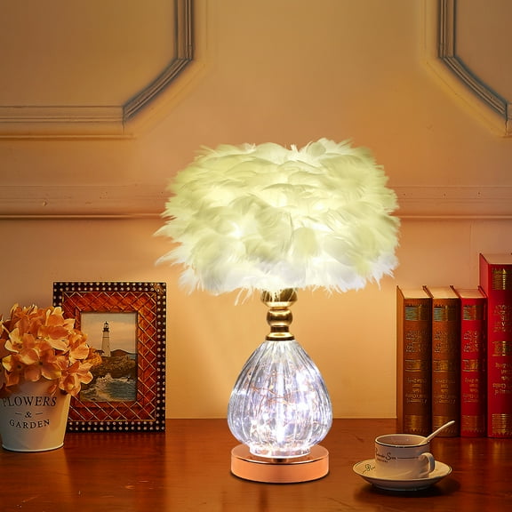 Feather Shade Table Lamp with Gold Glass Globe: White Design for Bedroom Nightstand Stylish Lighting