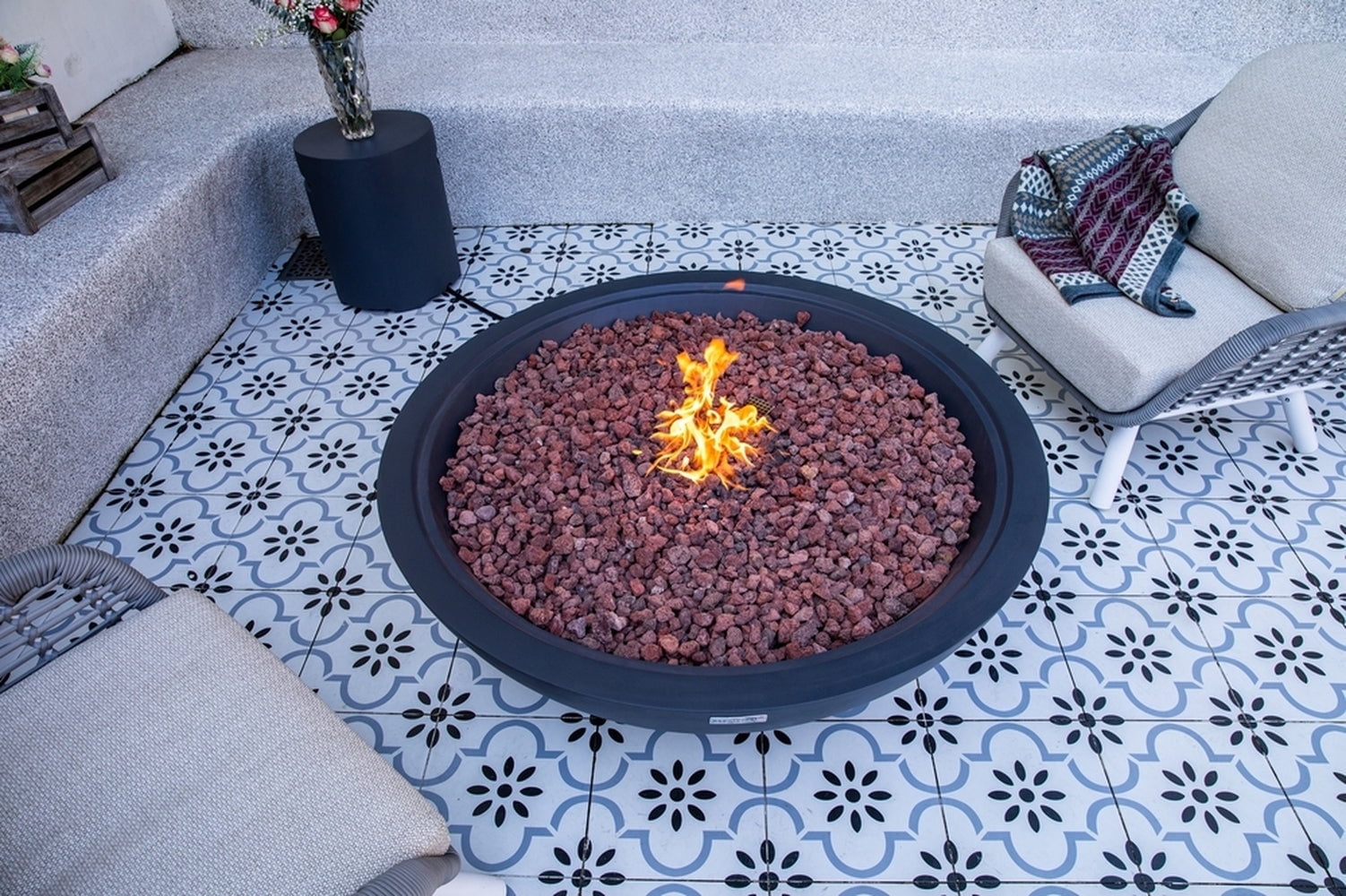 Sol Living Rose Bowl Natural Gas Fire Pit for Outside Outdoor Firepit Table Firepit Concrete Fire Table Patio Heater Fireplace Lava Rock 60,000 BTUs - Dark Grey, 48 x 48 Inches