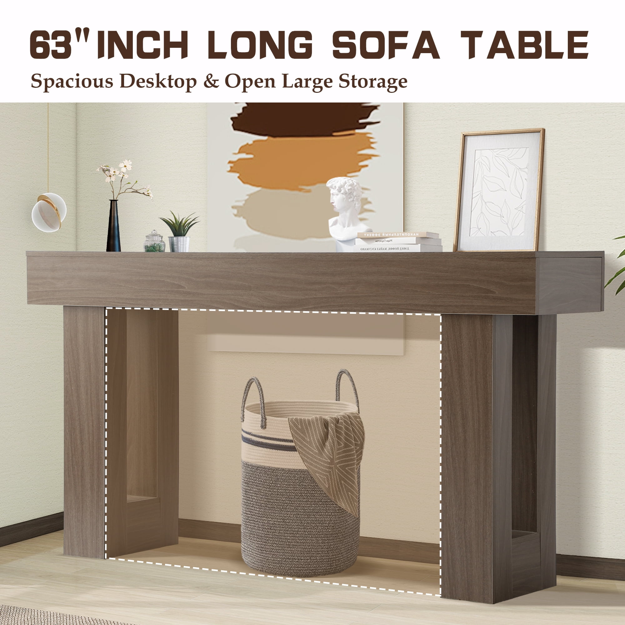 Magic Union 63" Long Console Table for Entryway, Wood Rectangular Sofa Table Behind Couch with 2-tier Open Storage and Weighted Base, Foyer Accent Tables for Entryway, Hallway, Living Room