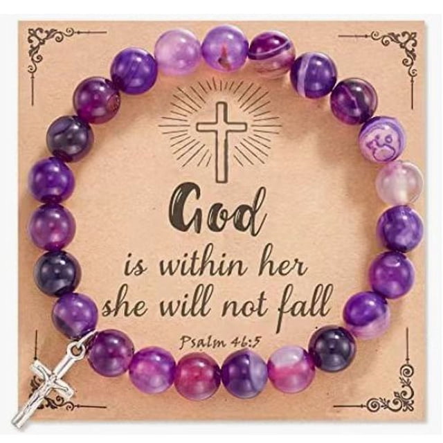Pulsera de cebra rosa de 8 mm con colgante de amatista de tarjeta Dream Pulsera con colgante de cruz de cebra rosa