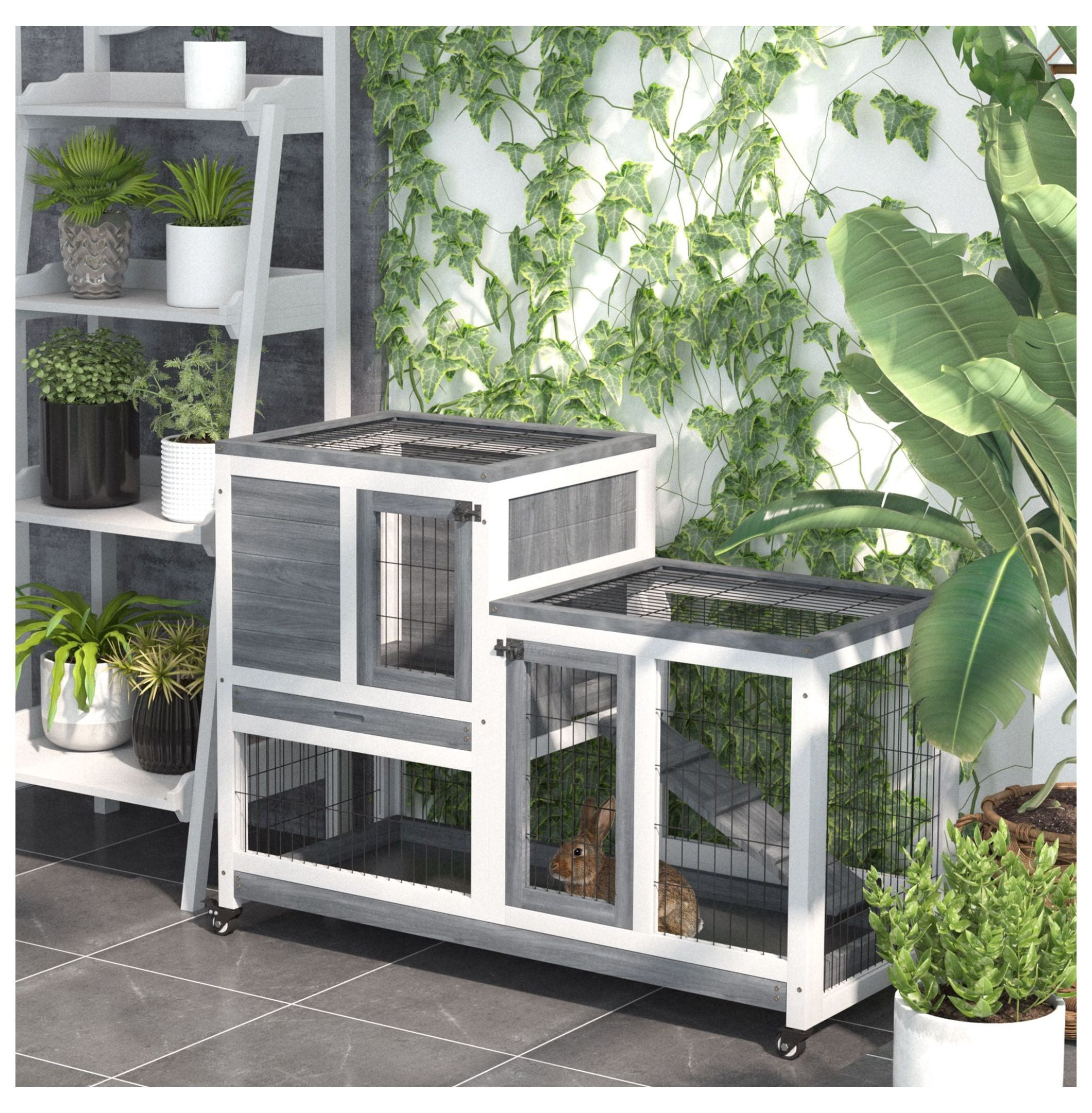 Elevated Bunny Cage Indoor Rabbit Hutch with Wheels Ramp Removable Tray for Guinea Pigs Gray