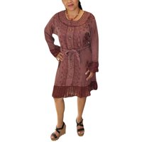 Mogul Women Boho Medieval Dresses Rayon Embroidered Long Sleeves Tie Waist Sundress