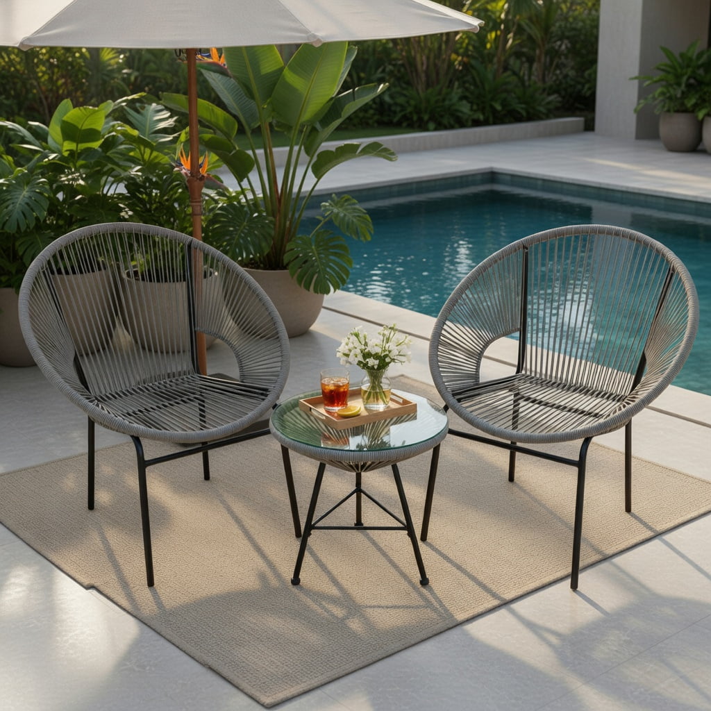 Hommoo 3-Piece Outdoor Acapulco Bistro Set, PE Rope Chairs + Tempered Glass Table for Patio, Yard & Poolside, Gray