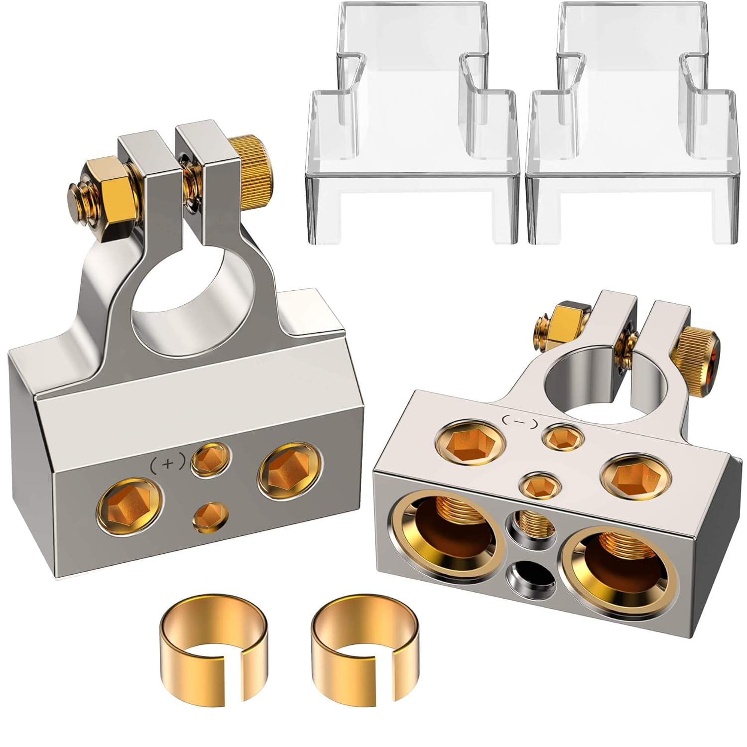 Battery Terminal Connectors, 0/2/4/6/8/10 AWG Battery Terminals, Heavy Duty Car Battery Terminal, Top Post Multiple Battery Terminal (Silver+Gold)