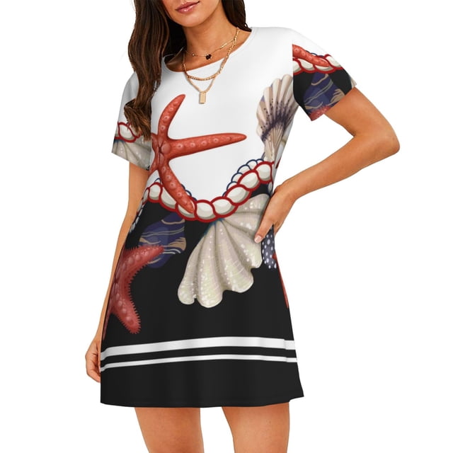 Vsdgher Motif Étoiles de Mer Coquillages Chemise de Nuit à Manches Courtes Col Rond Mignonne Robe de Nuit Confortable