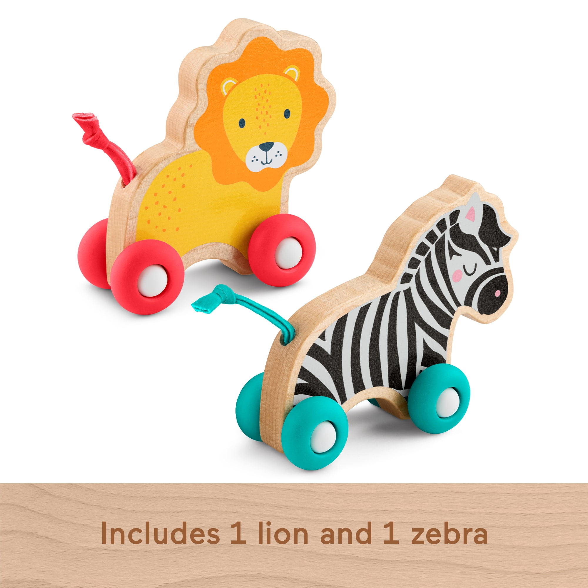 Fisher-Price Wooden Push Along Animals, Lion & Zebra Toy Vehicles for Infant Crawling Play