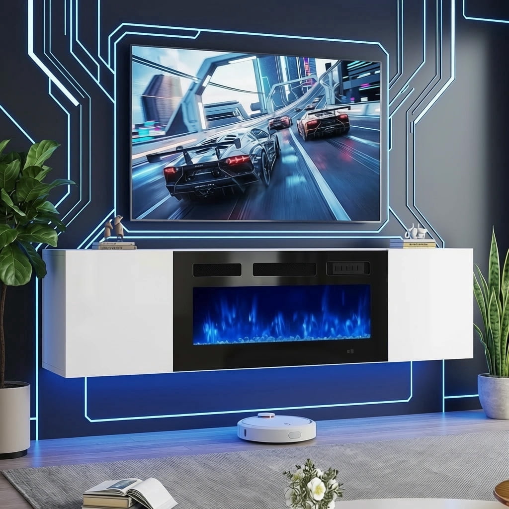 Easoger Floating TV Stand with 36" Electric Fireplace, Wall Mounted Fireplace Entertainment Center with Storage for TVs Up to 80", Adjustable Partition, Black/White (White TV Stand + Black Fireplace)