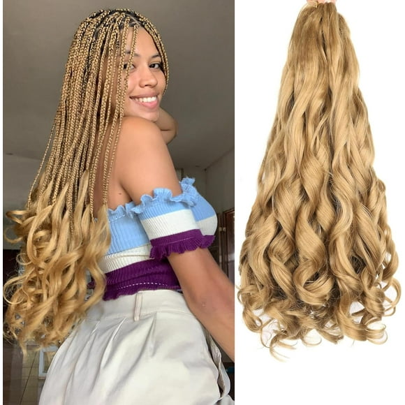 SHILIU-French Curly Braiding Hair 18 Inch 8 Packs French Curl Braids Bouncy Braiding Hair Light Blonde Spanish Curly Braiding Hair Synthetic Hair Extensions For Women (18Inch, #27)