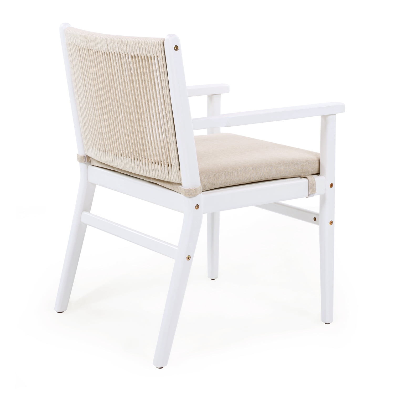 Lisonu Outdoor Dining Chairs, Set of 2, Modern Patio Armchairs with Woven Rope Back, White Acacia Wood Frame & Beige Water-Repellent Cushions