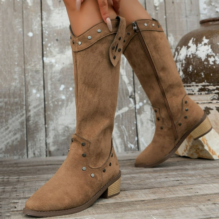 Mepaouo Knee High Boots for Women Buckles Decor Walking Boots