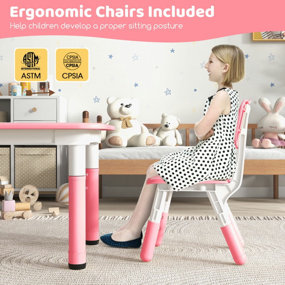 Resenkos Kids Table and Chairs Set for 4 with Graffiti Desktop-Pink, Small Folding Table for Arts & Crafts, Snack Time, Homeschooling, Homework