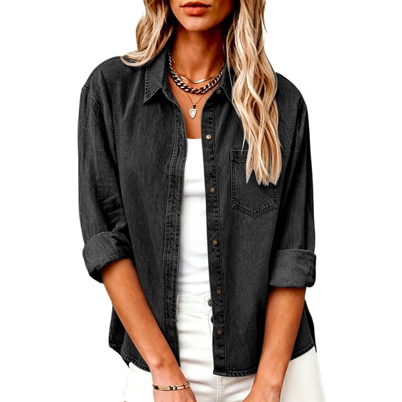 Homenesgenics Tops for Women Fall Denim Collared Shirt Long-Sleeve Button-Down Denim Shirt with Pockets Casual Loose-Fit Top Black M