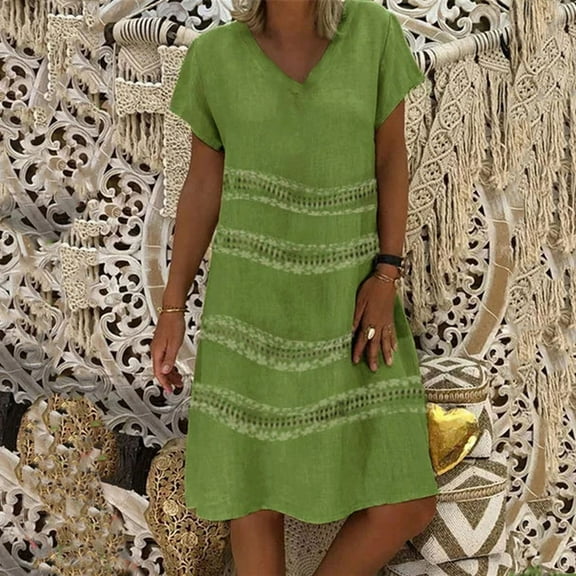 CALAFEBILA Plus Size Dresses for Women Short Sleeve V-neck Striped Knee Length A-Line Dress Vintage Long Womens Dresses