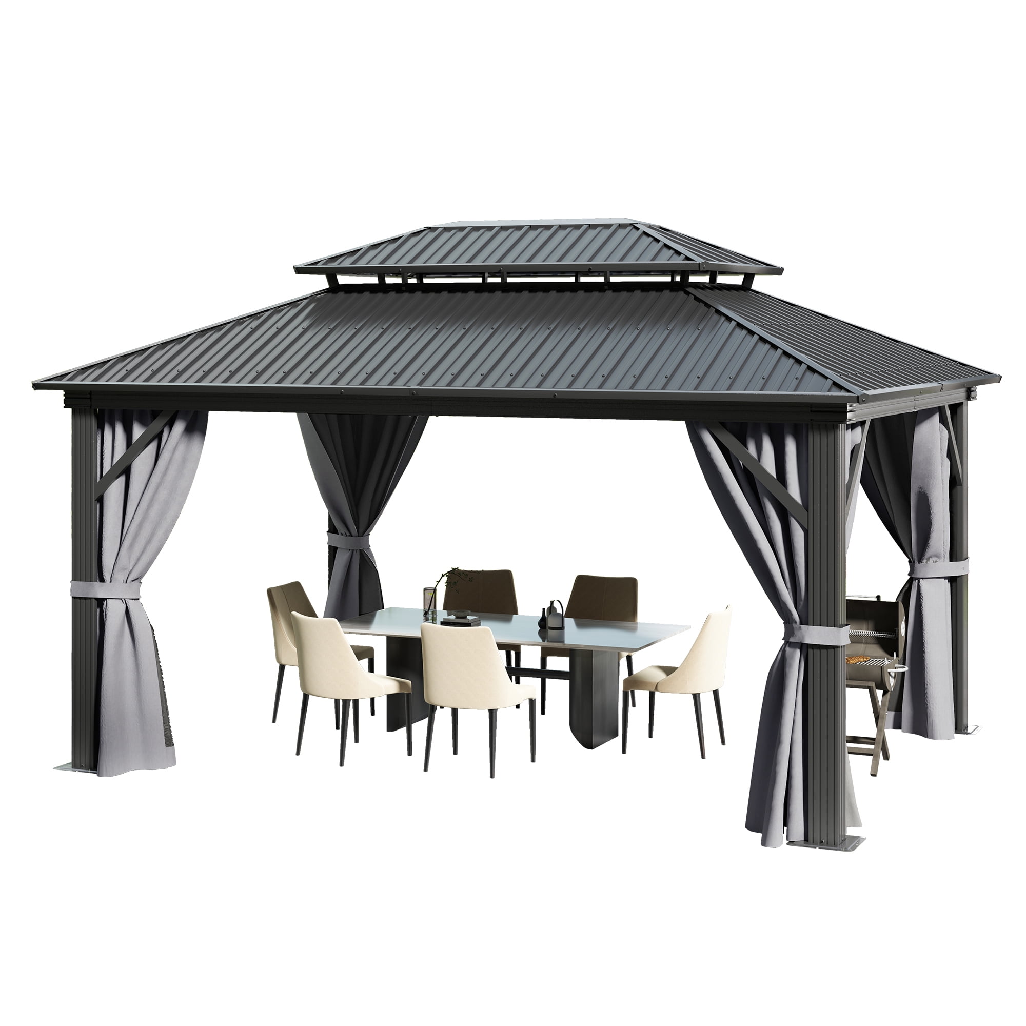 Dextrus 12x16 FT Outdoor Double Roof Hardtop Gazebo,Heavy Duty Galvanized Steel Patio Gazebo with Netting & Gray Curtains, Sunshade for Garden, Patio, Lawns, Black&Gray