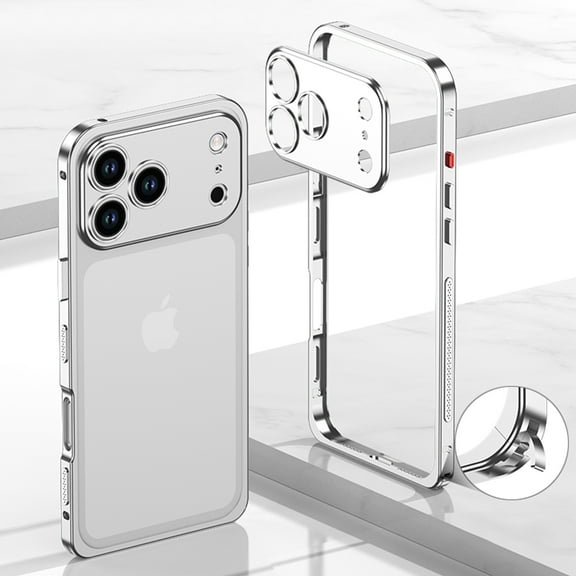 For iPhone 17 Pro Max Metal Bumper Phone Case,With Lens Protector,Slim Fit No Back No Frame Backless Metal Bumper 4 Corners Shockproof Rugged Heat Dissipation Frame Phone Case,Silver