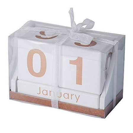 Decorative Desk Calendar - Wooden Block Perpetual Month and Days Calendar (White with Gold Letters)