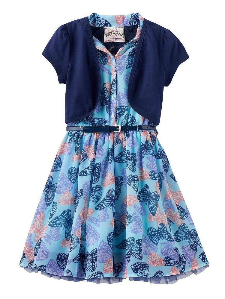 Knit Works Girl Lace Butterfly Dress & Shrug Set Navy Blue Mint 4