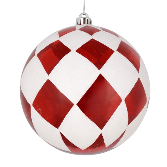 Pemberly Row 4" Diamond Ball Christmas Ornaments in Glitter Red/White (Set of 4)
