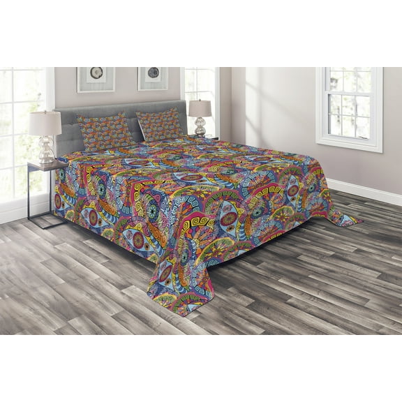Ambesonne Floral Quilted Coverlet 3 Pcs, Hippie Aztec Tribal Boho, King Size, Multicolor