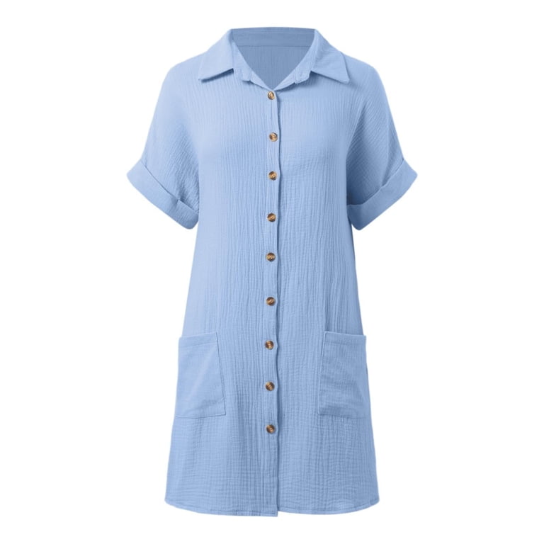 Cocktail Dress, Linen Shirt Casual Cotton Lapel Collar Button Midi Dress  With Short Sleeves Loose For Wedding Guest Black New Years Eve Dress Short  Women 2025 Dresses Maxi (M, Light Blue) ZMTing -