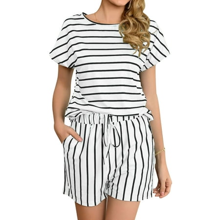 

HUBERY Women Crew Neck Short Sleeve Stripe Printed Tie Back Sleepwear Set