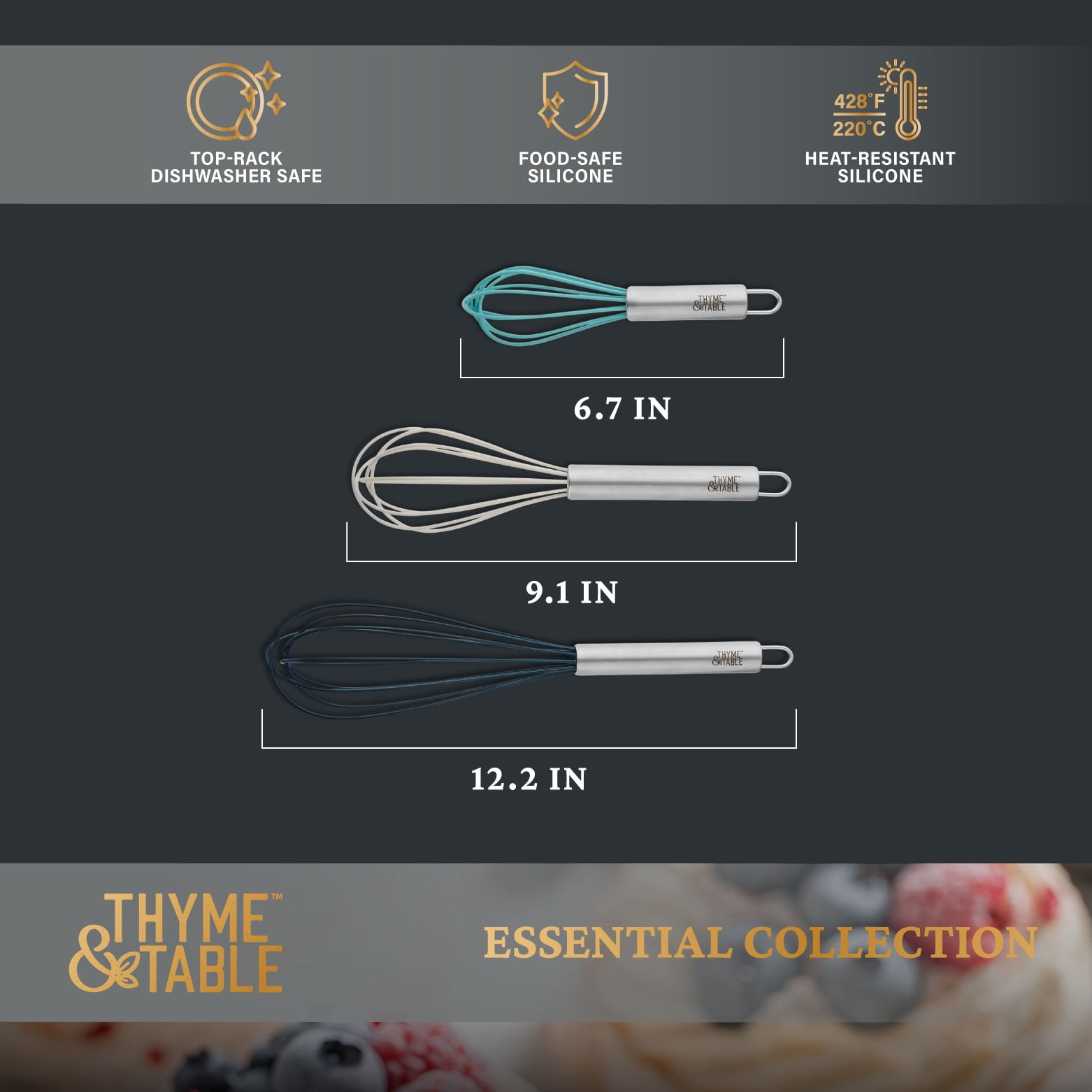 Thyme & Table 3-Piece Silicone Whisk Set, Multi Size