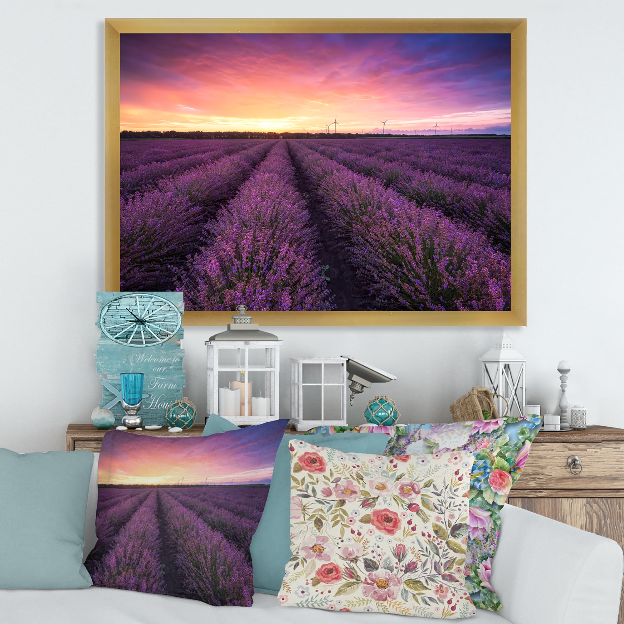 Designart 'Dramatic Clouds and Sunrise Over Lavender Field XIII' Farmhouse Framed Art Print