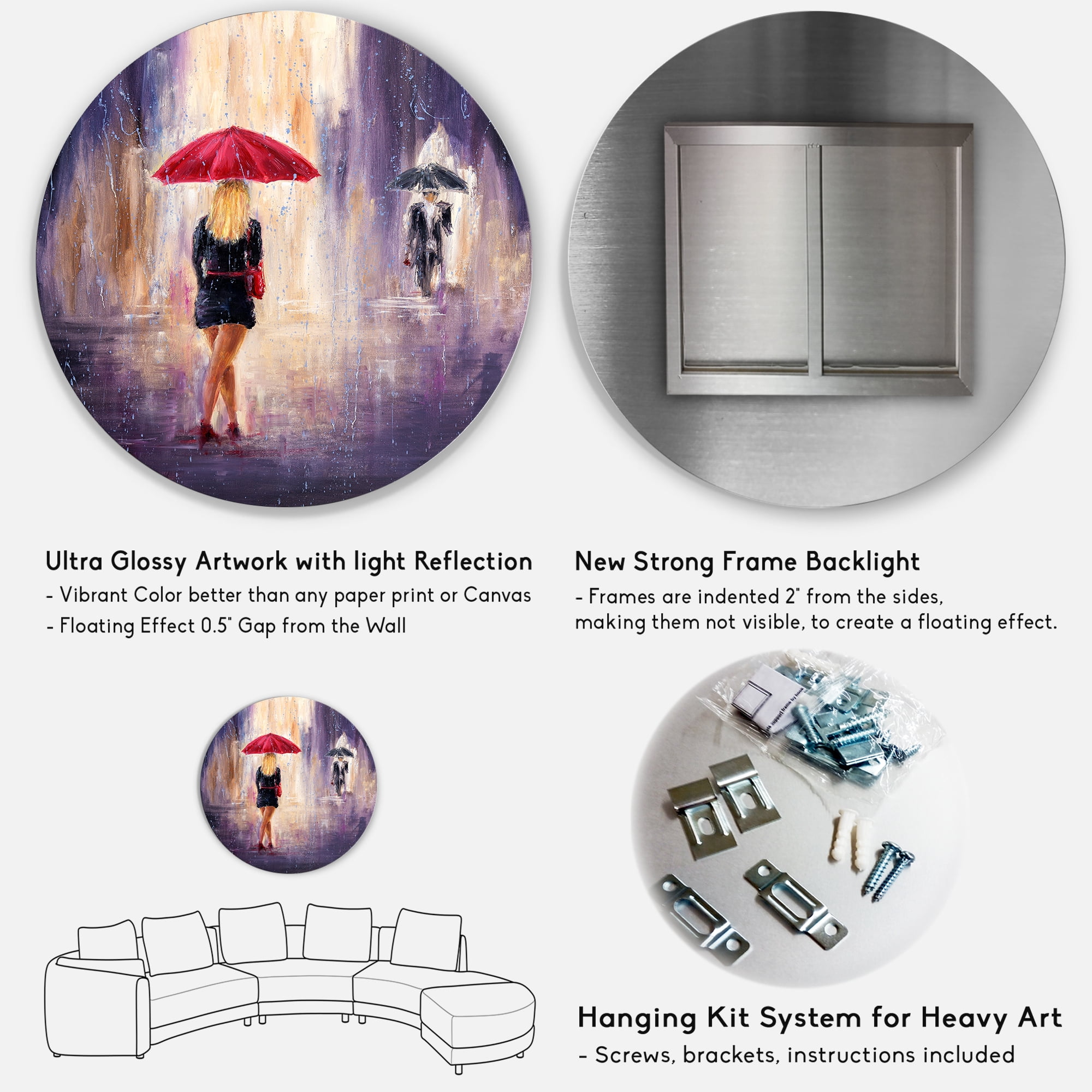 Designart 'The Girl With The Umbrella Walking In The Rain II' French Country Circle Metal Wall Art 29x29 - Disc of 29