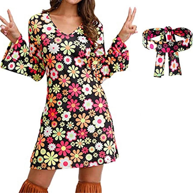 Conjunto de traje de discoteca hippie para mujer de los años 70 y 80, vestido de manga larga + diadema