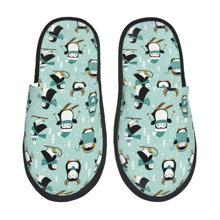 Balery Winter Skiing Penguin Slient Indoor Furry Fleece Comfort House Shoes Soft Non-Slip Home Shoes Cotton slippers House Slippers-- Medium