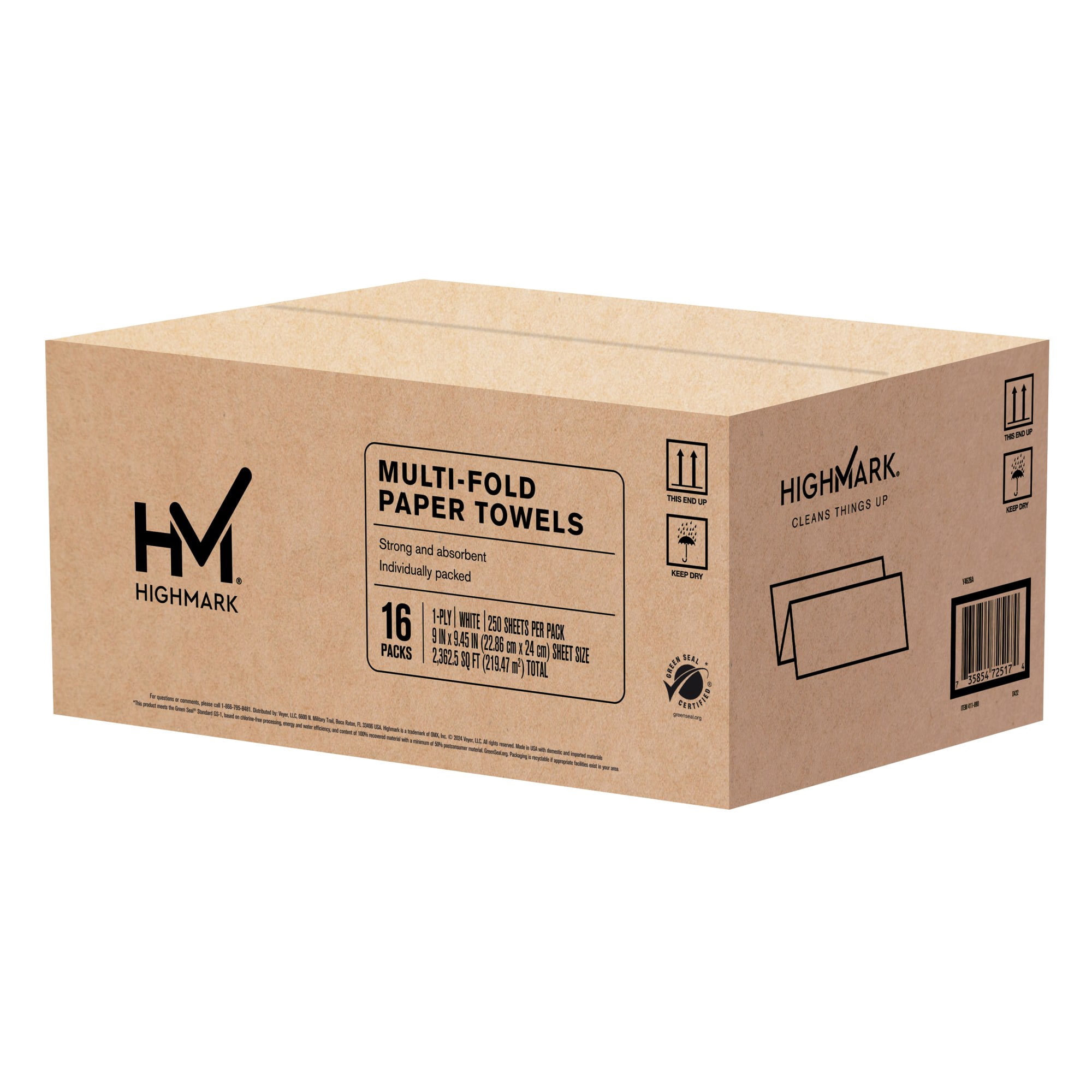Highmark® ECO Multi-Fold 1-Ply Paper Towels, 250 Sheets Per Pack, Case Of 16 Packs