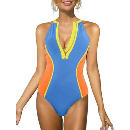 BIKINX Women s One Piece Swimsuits Surfing Swimsuits Zipper Bathing Suits Monokini Swimwear Orange Blue