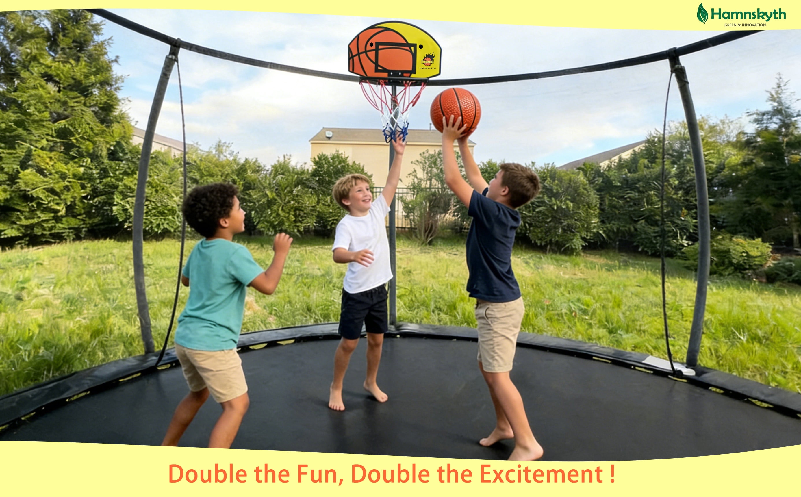 Hamnskyth Trampoline Basketball Hoop, Fits Most Straight & Curved Poles, Stainless Steel Angle-Adjustable Base, Includes Mini Basketball & Pump