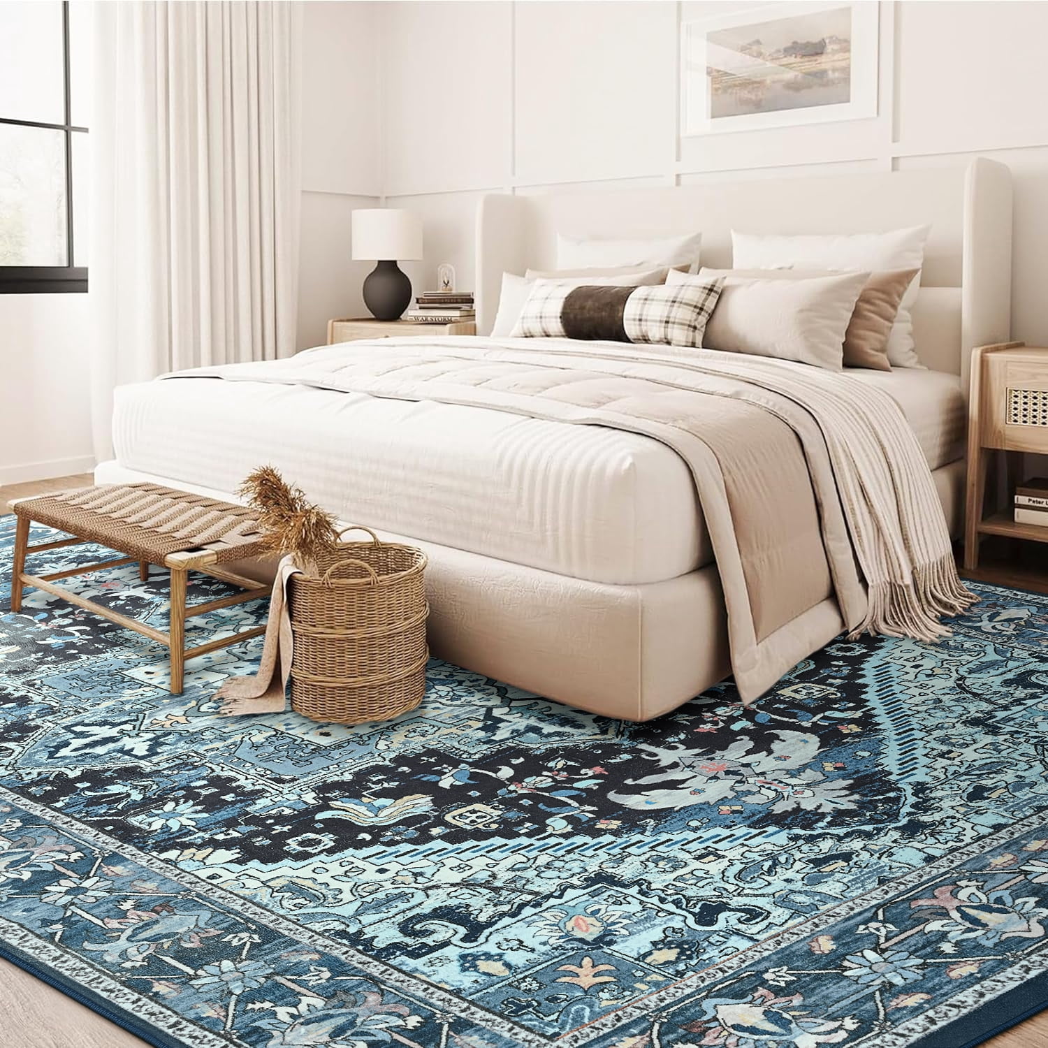 Dwelke Vintage Area Rug Floral Rugs Soft Bedroom Carpet for Living Room Home Decor,4'x6',Blue