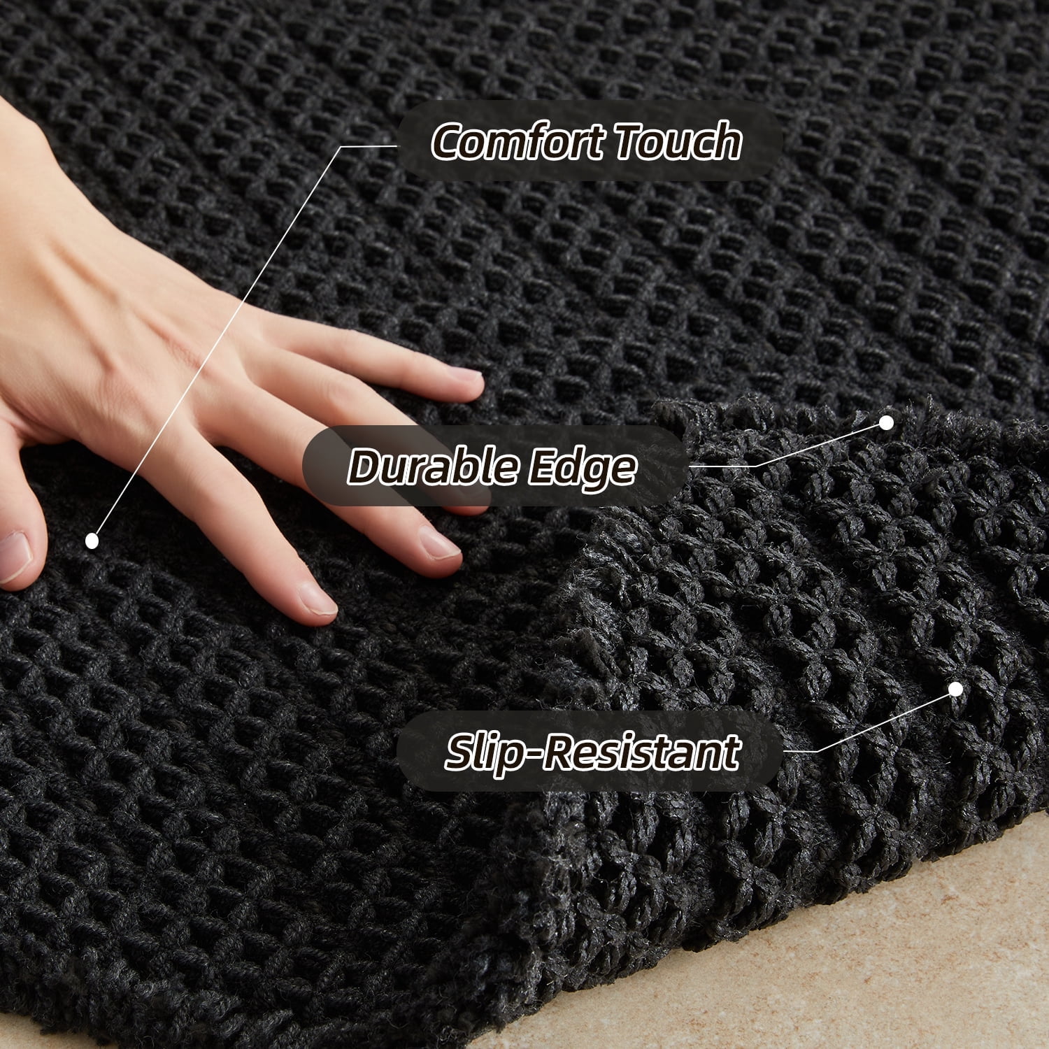 BULULOM Black Bathroom Rug, Waffle Bath Mat Non Slip Washable Super Absorbent Quick Dry, Boho Farmhouse Bathroom Decor, 20"*30" Black