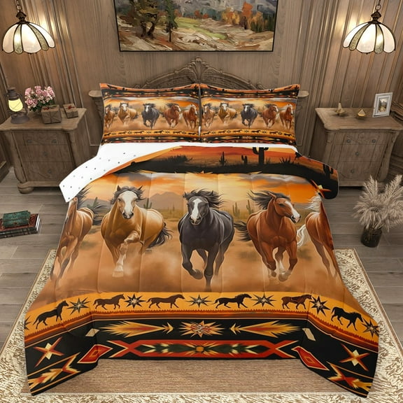 Homewish Galloping Horse Bedding Comforter Set 2pcs for Kids Children Teens,Western Farmhouse Animal Twin Comforter Sets Microfiber,Bohemian Tribal Aztec Breathable Bedding Set