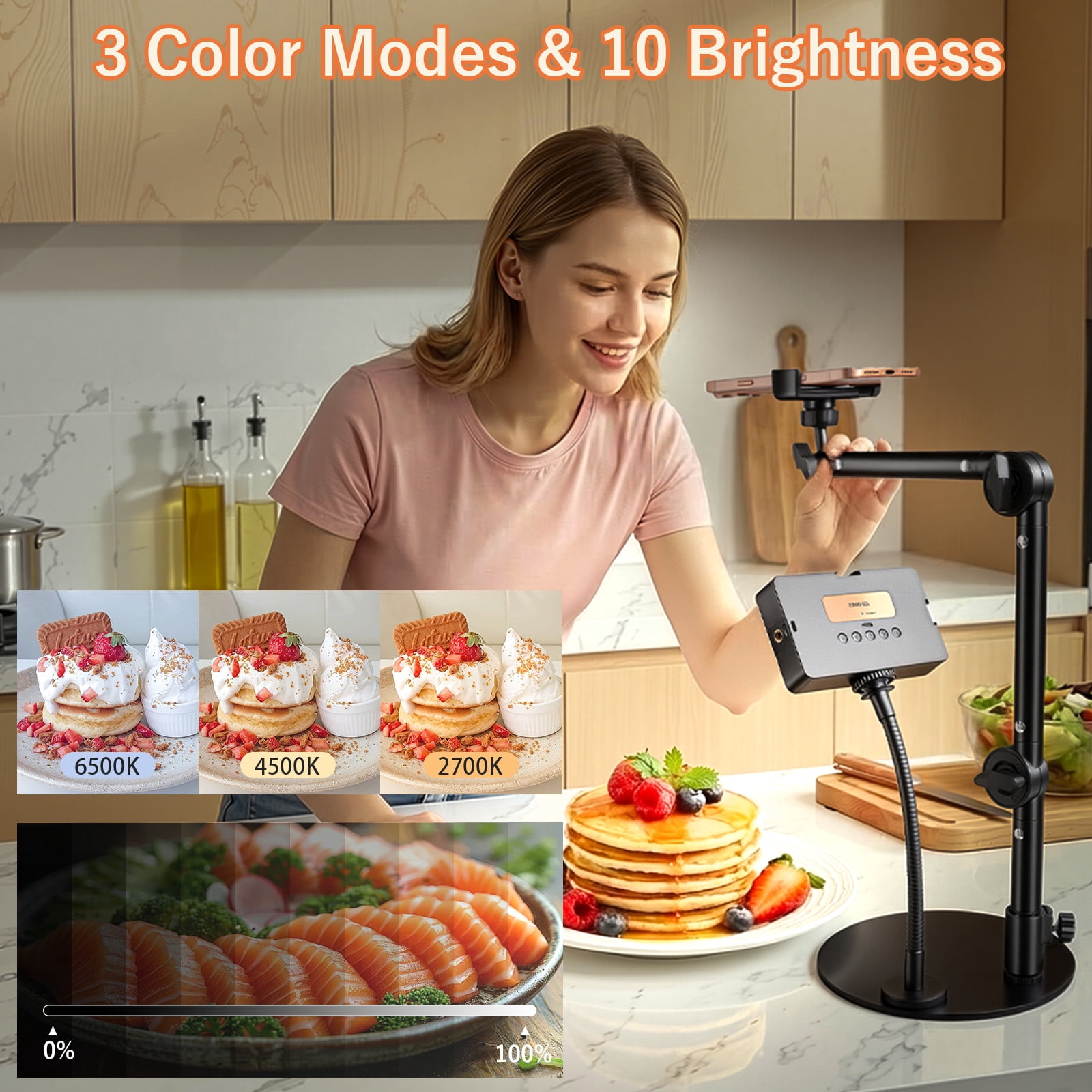 HAARAY Overhead Phone Mount with 1800mAh Magnetic Rechargeable Light for Desk, 90 LED Dimmable Selfie Light with 3-Stage Adjustable Stand & Remote, Phone Tablet Stand for Video Recording, Live Stream