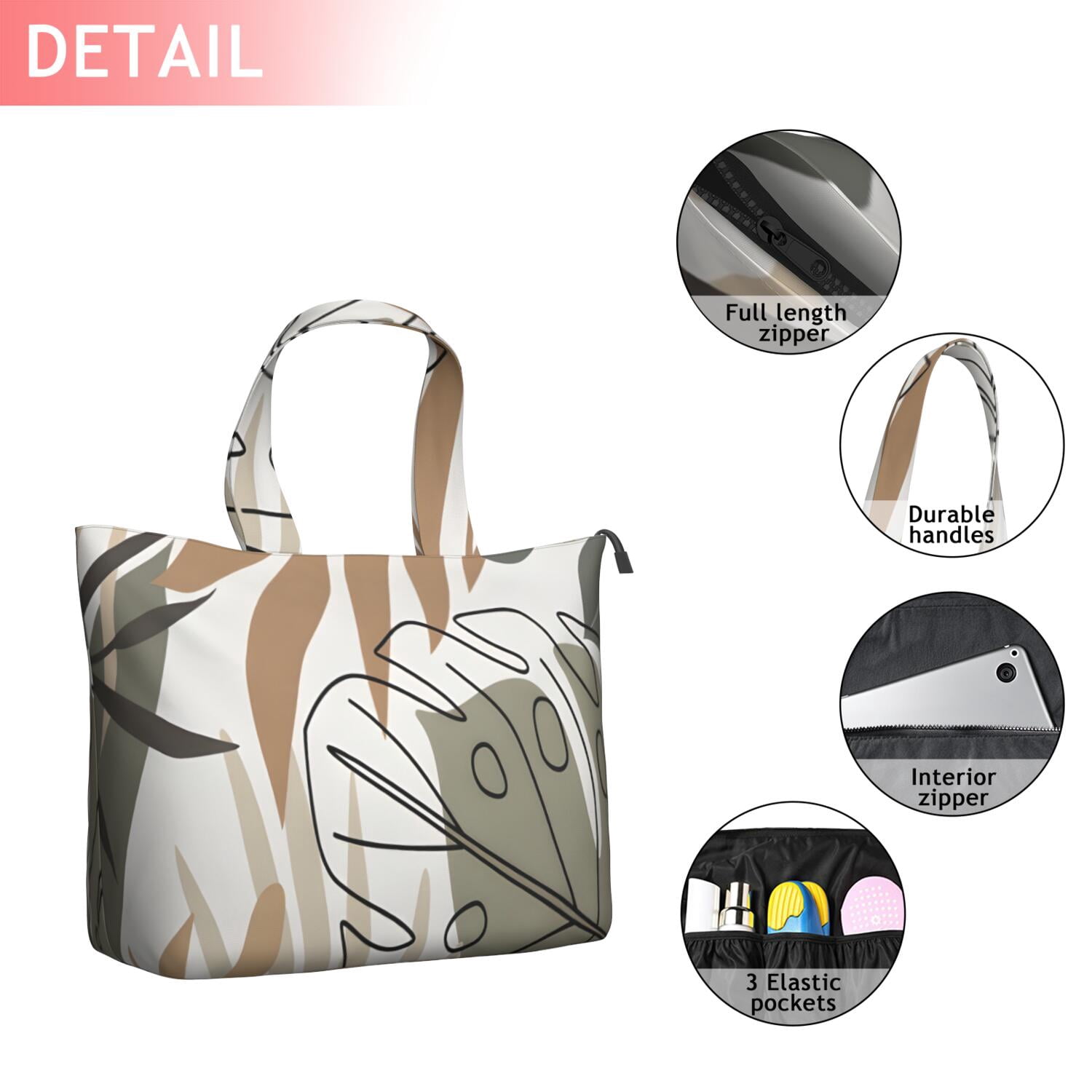 Brown Boho Plant Pattern Travel Tote Bags for Women Carry On,Large Weekender Bags for Women Travel,Multi Functional Duffle Bag for Work,Shopping,Sports